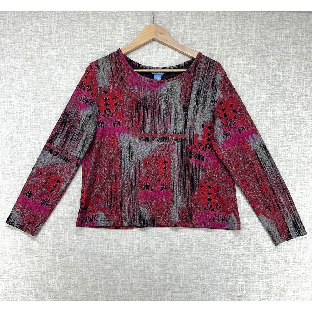 Koret Shirt Womens Petite Large Multicolor Geo Print Long Sleeve Crew Neck Top